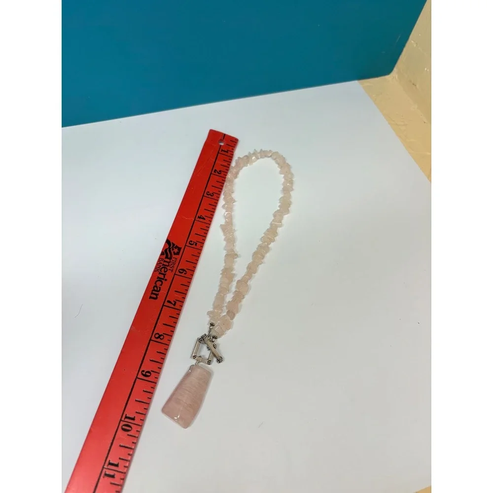Rose Quartz Chip Bead Necklace with Large‎ Slab Pendant Toggle Clasp Pink Silver